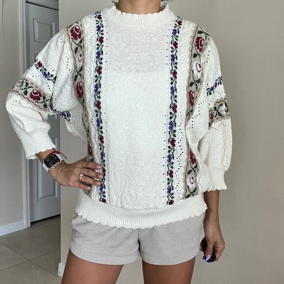 Vintage Bay Point Threads Floral Cream 3/4 Sleeve Sweater Size S - Picture 6 of 8